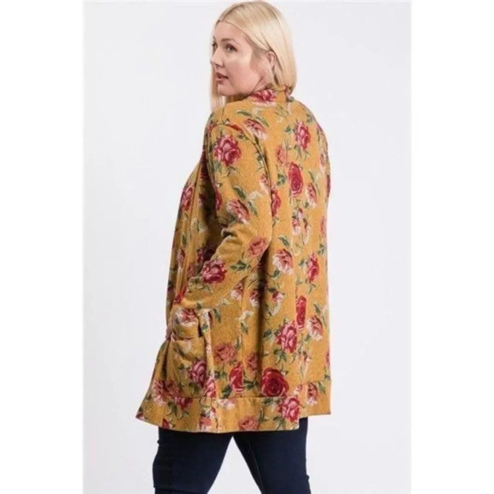 Mustard Yellow Flower Print Pocket Flower Print Hacci Cardigan - Picture 5 of 7